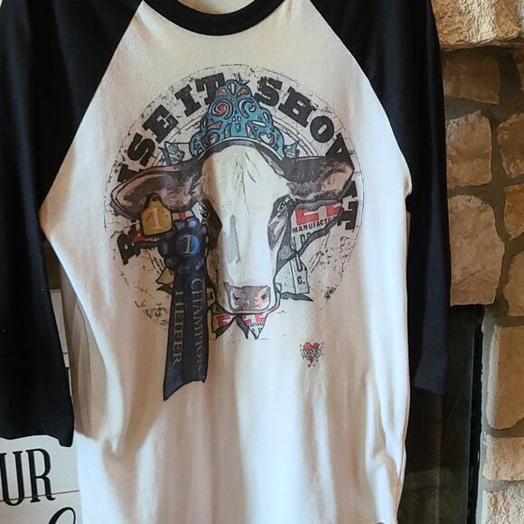 Cow Champion Heifer Top Womens Sz S 3/4 Sleeve Baseball Style TShirt Black White - Picture 1 of 2
